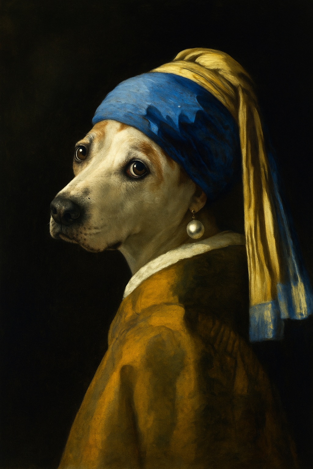 A dog dressed as Girl with a Pearl Earring